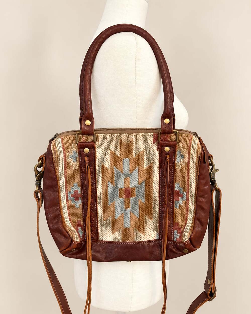 Myra Bag Blue Rays Western Woven Leather Fringe Handbag